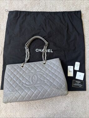 CHANEL XL Grand Shopper Tote (GST) Grey Quilted Caviar Leather Silver Hardware